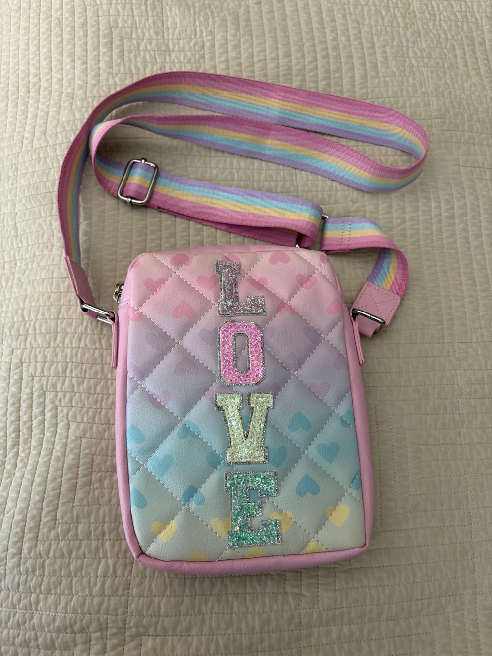 Girl's Pastel 'LOVE' Quilted Crossbody Bag - Pink